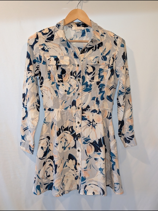Yumi Kim Dresses & Skirts - Yumi Kim Floral Silk Mini Button long sleeve shirt Dress Cream, Navy, Peach‎